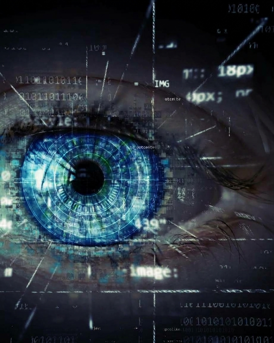 Œil technologique entouré de données numériques